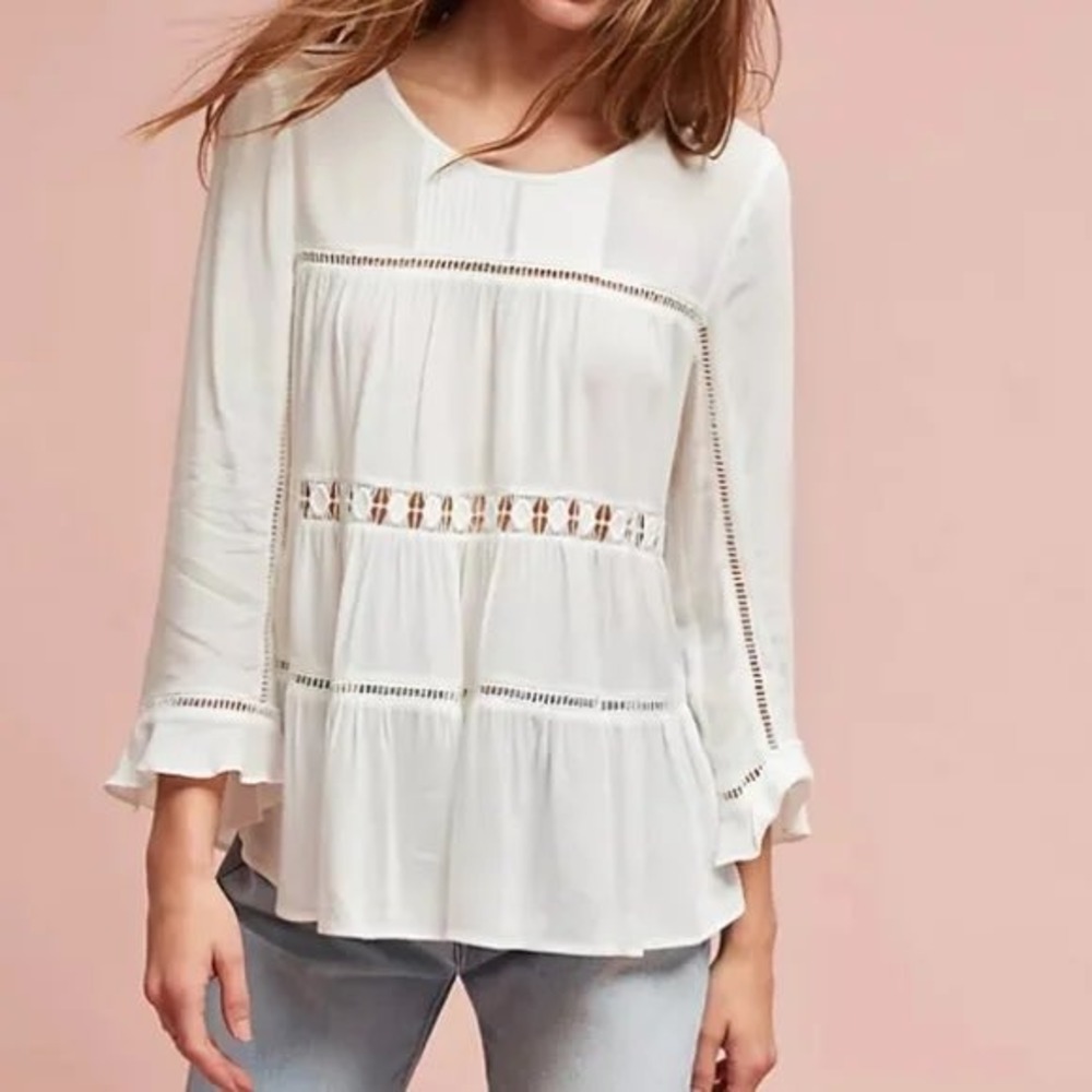 Maeve Anthropologie White Tiered Babydoll Blouse Ladder Lace Rayon Top Medium